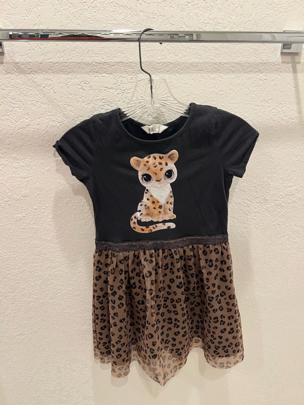 Girls Black & Brown Leopard Print Dress with Kitten Graphic